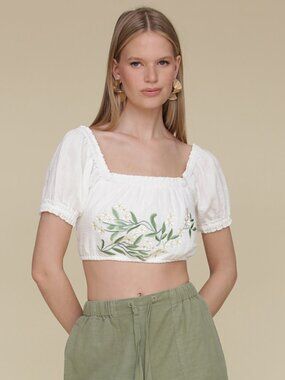 Avec Les Filles White Green Embroidered Cotton Puff Sleeve Crop Boho Top XL NWT